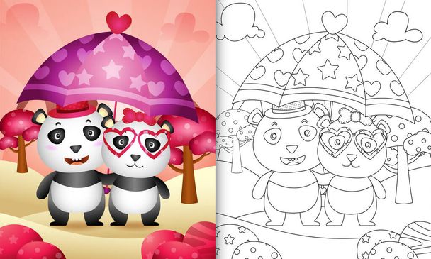 színező könyv gyerekeknek egy aranyos panda pár gazdaság esernyő témájú Valentin nap - Vektor, kép