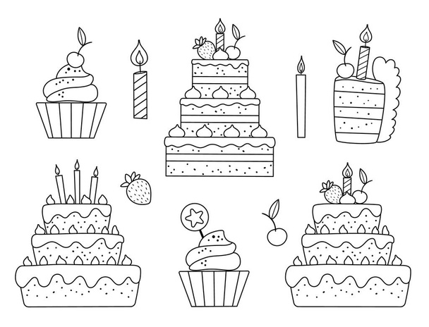 Set de vectores blanco y negro con pasteles de cumpleaños, velas y cupcakes. Lindos bocetos de comida o dulces elementos de barra. Divertida ilustración de postre para tarjeta, póster, diseño de impresión. Iconos de línea de vacaciones. - Vector, Imagen