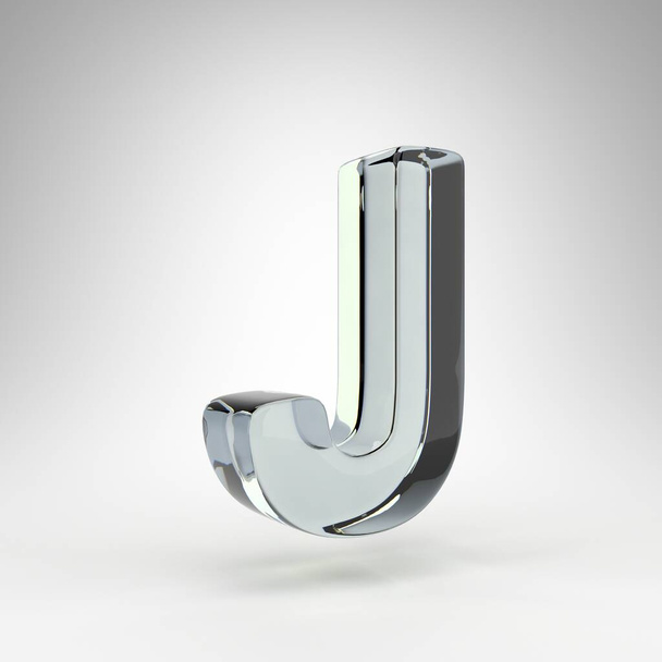 Letter J uppercase on white background. Camera lens transparent glass 3D letter with dispersion. - Zdjęcie, obraz
