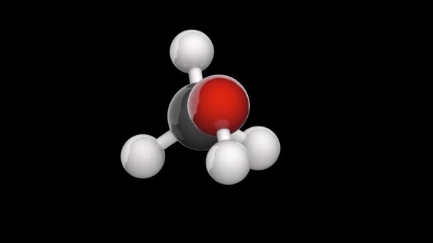Метанол, також відомий як метиловий спирт, є хімічним сполученням з формулою CH3OH (часто скорочено MeOH). 3D рендеринг. Безшоломна петля. Ізольований і обертається на чорному фоні. - Кадри, відео
