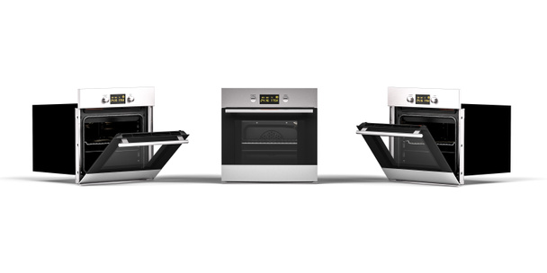 白い背景に表示されるステンレス製の壁のオーブン- 3Dレンダリング-右、左、フロントビュー - 写真・画像