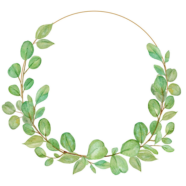 Chaplet with eucalyptus watercolor illustration. Hand painted holiday wreath with greenery isolated on white background. - Φωτογραφία, εικόνα