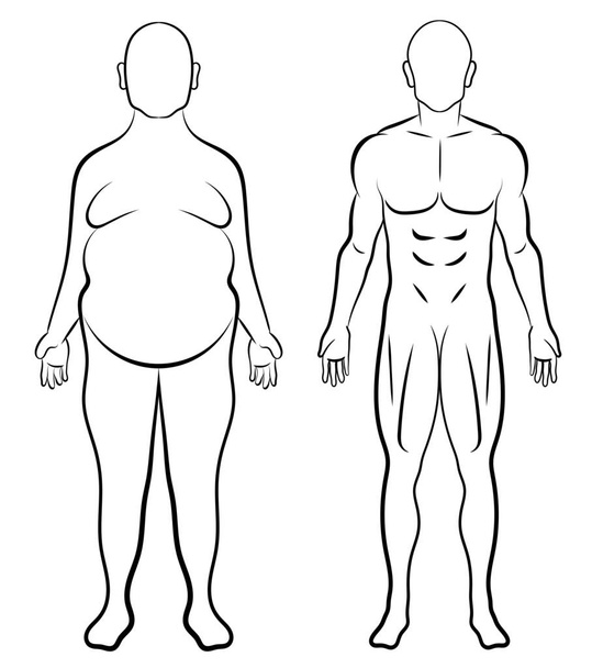 υπέρβαρος άνθρωπος έναντι μετασχηματισμού bodybuilder πριν μετά την αλλαγή σύγκριση σκίτσο διάνυσμα γραμμικός - Διάνυσμα, εικόνα