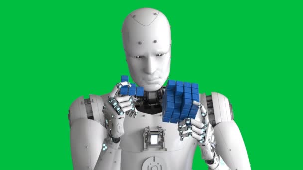 3d rendering humanoïde robot spelen kubus puzzel op groen scherm 4k beeldmateriaal - Video