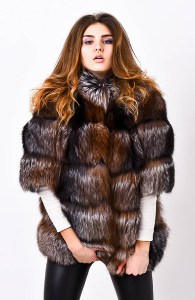 Female brown fur coat. Fur store model posing in soft fluffy warm coat. Pretty fashionista. Woman makeup and hairstyle posing mink or sable fur coat. Fur fashion concept. Winter elite luxury clothes - Photo, Image