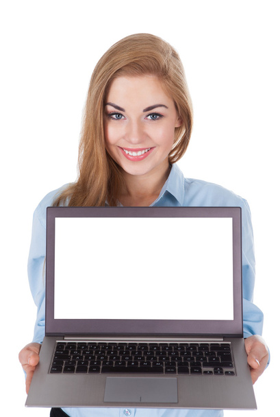 Smiling Woman Holding Laptop - Фото, зображення