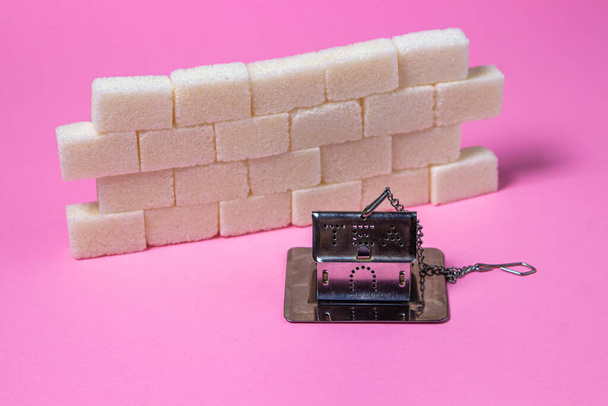 ピンクの背景に家型茶こし。砂糖キューブとティーストレーナー。精製された砂糖。小さな家だ。紅茶を淹れる。いい話だ。砂糖キューブの壁 - 写真・画像