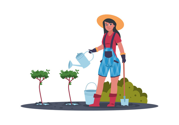 Zemědělské práce. Kreslená žena sázející ovocné stromy na zahradě. Farmář zalévá keře. Samice drží nářadí pro zahradničení. Izolovaná scéna zahradnické činnosti, vektorová ilustrace - Vektor, obrázek