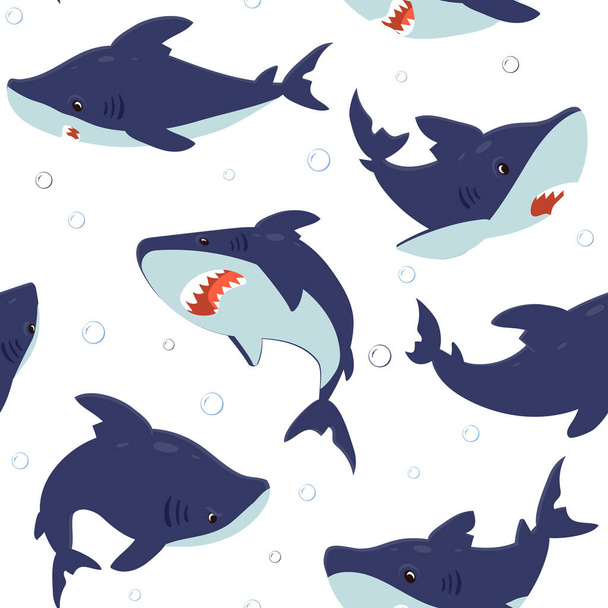 Shark pattern. Seamless texture with ocean fish and air bubbles underwater. Dangerous predators for decoration textile and wallpaper. Sea animal mascot with toothy jaws, vector mockup - Vector, imagen