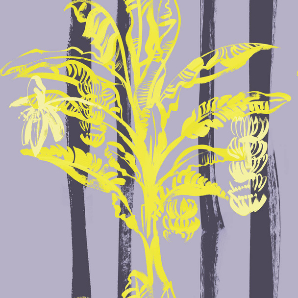 Летний тропический бесшовный узор с желтыми банановыми пальмами и вертикальными полосами - Фото, изображение