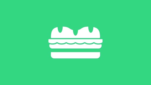 Icono Sandwich blanco aislado sobre fondo verde. Icono de hamburguesa. Símbolo de comida hamburguesa. Signo de hamburguesa con queso. Menú de comida rápida. Animación gráfica de vídeo 4K - Metraje, vídeo