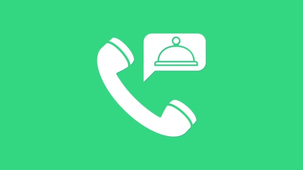 Biała ikona zamawiania żywności izolowana na zielonym tle. Zamów przez telefon komórkowy. Koncepcja dostarczania żywności w restauracji. 4K Animacja graficzna ruchu wideo - Materiał filmowy, wideo