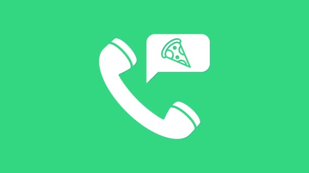 Beyaz Gıda yeşil arka planda izole edilmiş pizza ikonu sipariş ediyor. Cep telefonuyla sipariş verin. Restoran yemek teslimatı konsepti. 4K Video hareketli grafik canlandırması - Video, Çekim