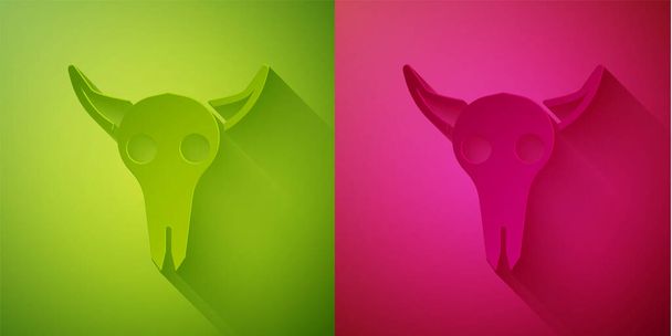 Paper cut Buffalo skull icon isolated on green and pink background. Paper art style. Vector Illustration. - Vector, Image