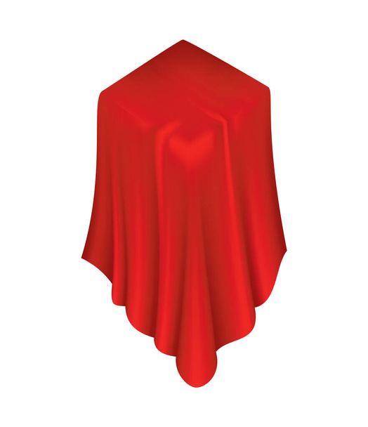 Fedett tárgy. Piros selyem szövet függöny fedél. Revealer ruha reális függöny kiállítás egy rejtett tárgy. Elszigetelt tárgy belsejében lepedő fehér háttér - Vektor, kép