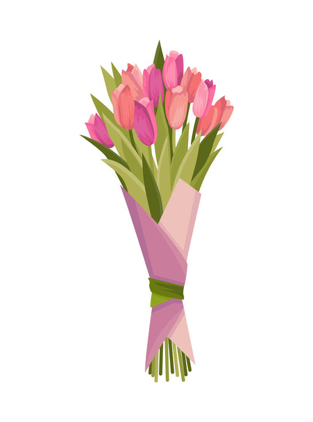 Flowers bouquet of tulips. Design element for greeting card or postcard. Flat floral vector. Gift for wedding or holiday concept. Colorful illustration isolated on white - Vector, Image