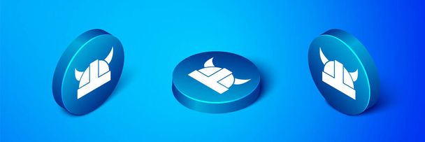 Isometric Viking in horned helmet icon isolated on blue background. Blue circle button. Vector. - Vector, Image