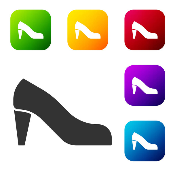 Sapato de mulher preta com ícone de salto alto isolado no fundo branco. Definir ícones em botões quadrados de cor. Vetor
. - Vetor, Imagem