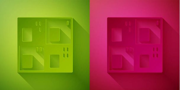 Papierschnitt Periodensystem des Elementsymbols isoliert auf grünem und rosa Hintergrund. Papierkunst. Vektor. - Vektor, Bild