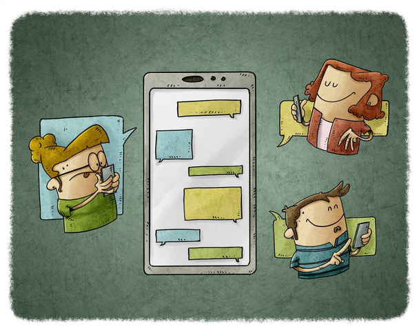 απεικόνιση των τριών ανθρώπων είναι γύρω από ένα μεγάλο κινητό τηλέφωνο και στέλνουν μηνύματα ο ένας στον άλλο. Επικοινωνία και έννοια των μέσων κοινωνικής δικτύωσης. - Φωτογραφία, εικόνα