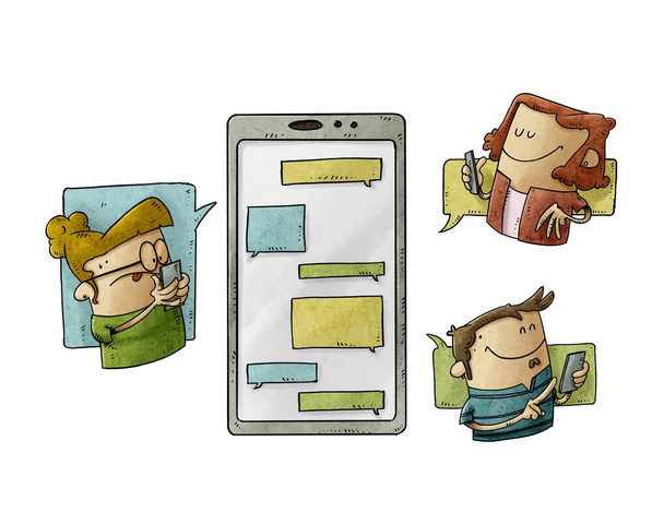 illustrazione di tre persone sono intorno a un grande telefono cellulare e stanno inviando messaggi a vicenda. Comunicazione e social media. isolato - Foto, immagini