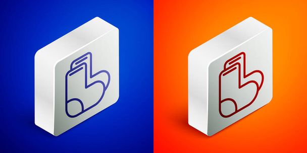 Isometric line Valenki icon isolated on blue and orange background. National Russian winter footwear. Traditional warm boots in Russia. Silver square button. Vector. - Vector, Image