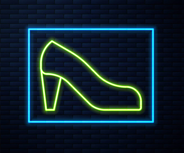 Linha de néon brilhante Sapato de mulher com ícone de salto alto isolado no fundo da parede de tijolo. Vetor. - Vetor, Imagem