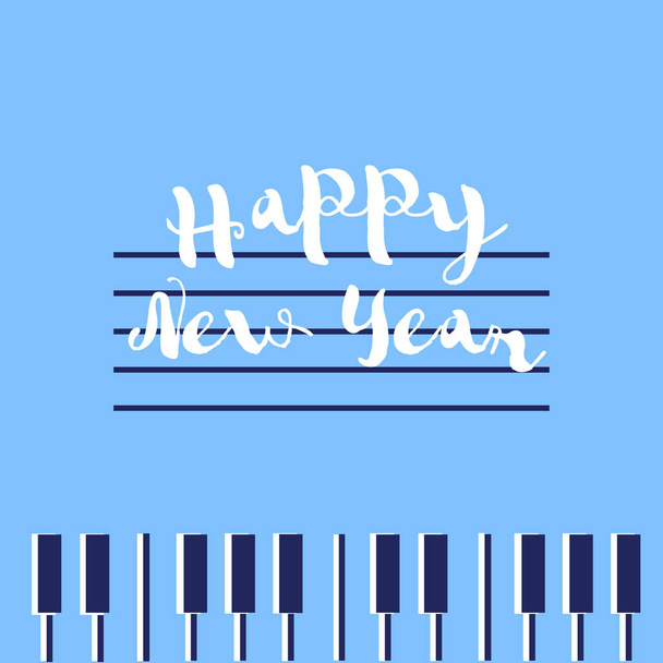 Boldog új évet, zenei üdvözlőkártya zongorára kék háttérrel, vektor - Fotó, kép