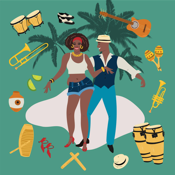 Tutkulu bir çift. Erkek ve kadın salsa, mambo, reggaeton ya da tropik arka planda palmiye ağaçları olan Latin müziği.. - Vektör, Görsel