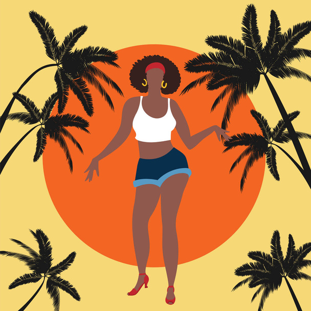 Karaibska, latynoska lub afrykańska kobieta tańcząca salsę, bachatę, merengue, cha-cha, mambo lub inny taniec. - Wektor, obraz