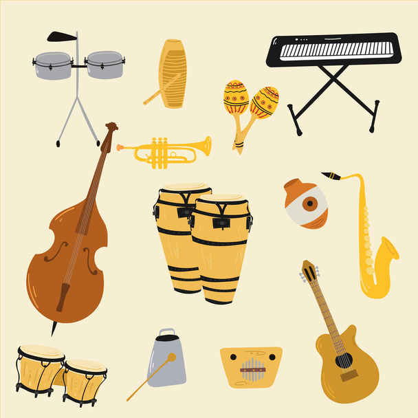 Salsa music musical instruments. Double bass, congas, bongos, guitar, cuban tres, clave, Botijuela, maracas, piano, contrabass, timbales, guiro, trombone, trumpet - Vector, Image