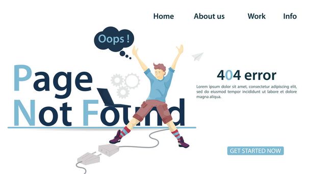 Um cara com as mãos levantadas na frente de um laptop sentado na página de inscrição não encontrado, banner para o design de um site ou aplicativos móveis, erro 404, ilustração vetorial plana - Vetor, Imagem