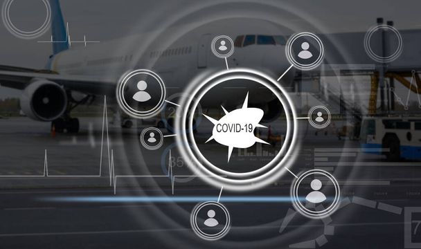 Digitální ilustrace letadla začínajícího se zpracováním dat, podnikáním a distribucí během pandemie Coronavirus Covid-19 - Fotografie, Obrázek