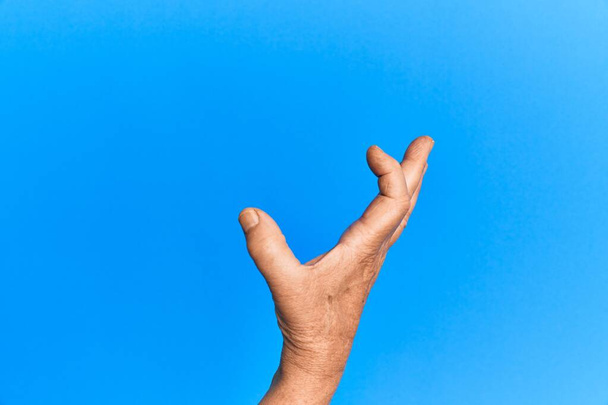 Hand van senior Spaanse man over blauw geïsoleerde achtergrond plukken en nemen onzichtbare ding, het houden van object met vingers tonen ruimte  - Foto, afbeelding