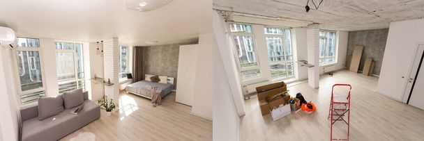 Unfertige Innenraumreparaturen in der Wohnung, Vorbereitung im Raumsanierungskonzept - Raum vor und nach der Renovierung - Foto, Bild