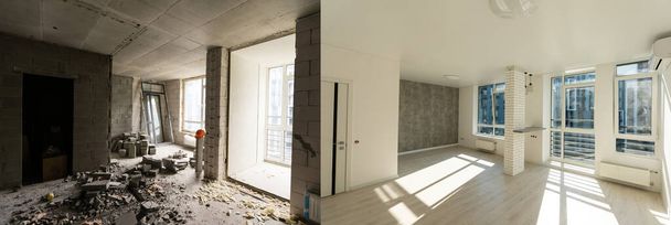 Yenilenmeden önce ve sonra oda yenileme konseptinin hazırlandığı binanın iç dekorasyonu tamamlanmadı. - Fotoğraf, Görsel
