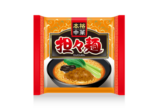 Ілюстрація сумки з Тантанською локшиною. Значення японської. 1-й і 2-й рядки зверху "Authentic Chinese foods". Центральний червоний титул і білі літери "Тантанська локшина". - Фото, зображення