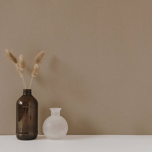 Retro bottle with dry wheat / rye stalk against pastel beige background. Minimal modern interior decoration concept. - Photo, Image