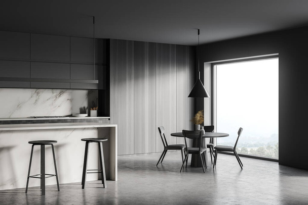 Corner of stylish kitchen with gray and wooden walls, concrete floor, bar counter and round dining table. 3d rendering - Fotoğraf, Görsel