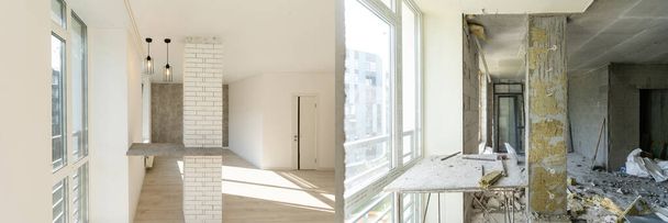 Moderni sisustus iso olohuone-keittiö studio huone, ennen ja jälkeen - Valokuva, kuva