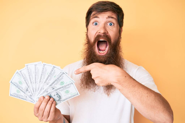 Красивый молодой рыжеволосый мужчина с длинной бородой, держащий в руках доллары, празднующий безумие и пораженный успехом с открытыми глазами, кричащий взволнованно.  - Фото, изображение