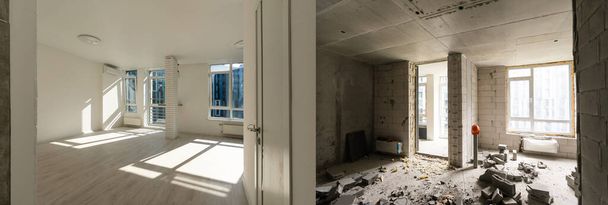 renovační koncept -kuchyňský pokoj před a po rekonstrukci nebo restaurování - Fotografie, Obrázek
