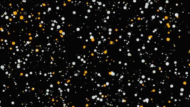 Nyugodt fehér és arany részecskék felhője folyik lassan fekete elvont háttérrel, zökkenőmentes hurokkal. Animáció. Kerek alakú molekulák végtelen és lassú mozgásban. - Felvétel, videó