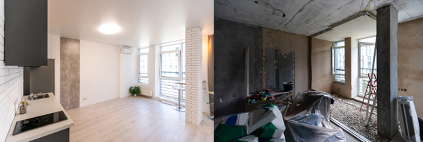Комната с незаконченными стенами и комната после ремонта. До и после ремонта в новом жилье. - Фото, изображение