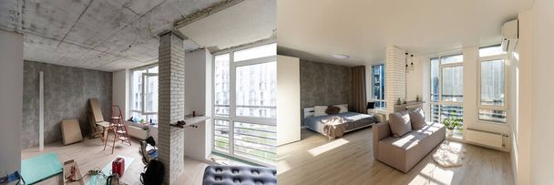 Befejezetlen épület belső fehér szoba javítás a lakásban előkészítése a szoba felújítási koncepció - szoba felújítás előtt és után - Fotó, kép