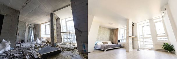 Empty rooms with large window, heating radiators before and after restoration. Comparison of old apartment and new renovated place. Concept of home refurbishment. - Photo, Image