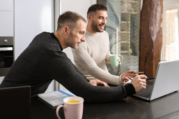 Gay couple working together at home with their laptops. - Photo, Image