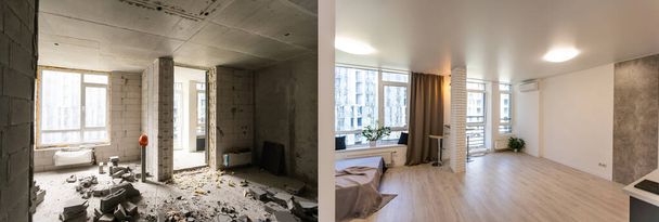 concepto de renovación-sala de cocina antes y después de la renovación o restauración - Foto, imagen