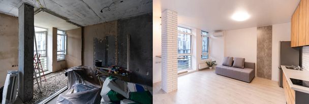 Quartos vazios com grande janela, aquecendo radiadores antes e depois da restauração. Comparação de apartamento antigo e novo local renovado. Conceito de remodelação de casas. - Foto, Imagem