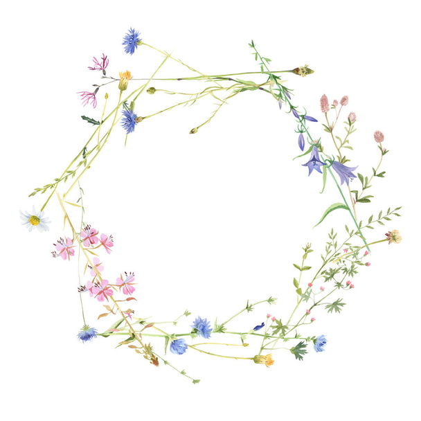 Round frame with watercolor meadow flowers - Foto, imagen